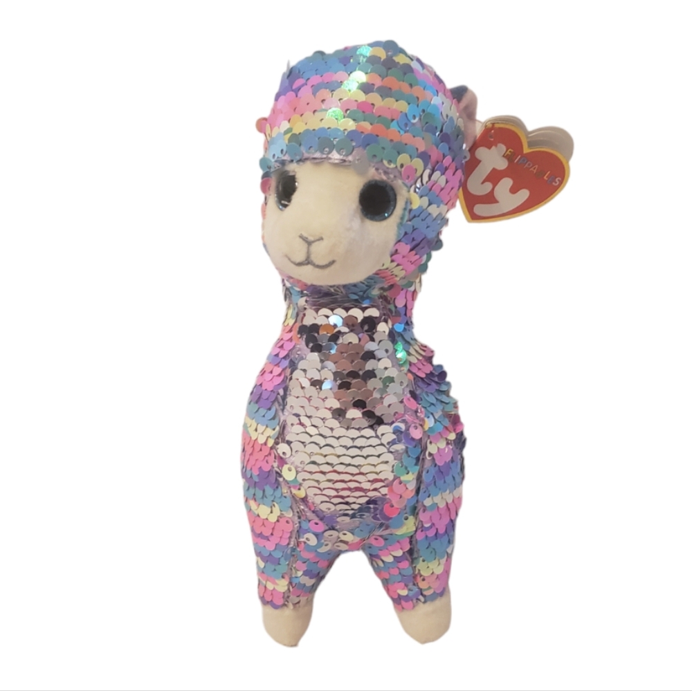 TY Flippables Lola The Llama Beanie Boo Flips Pastel rainbow silver sequins